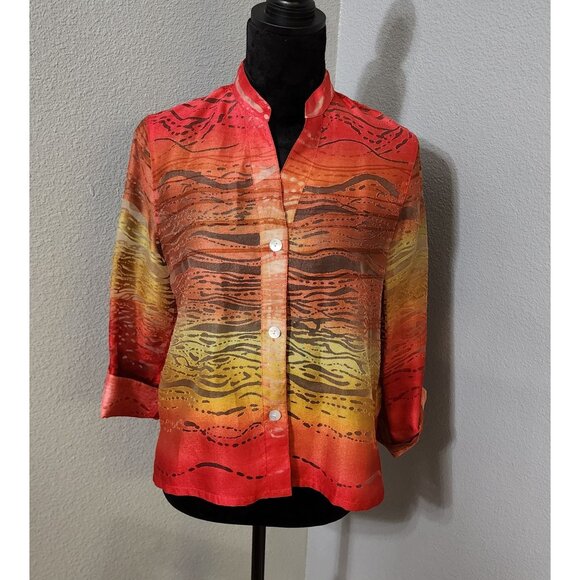 Ruby Rd Petite Blouse Womens 6P Red Sheer Roll Tab Sleeves - Picture 1 of 10